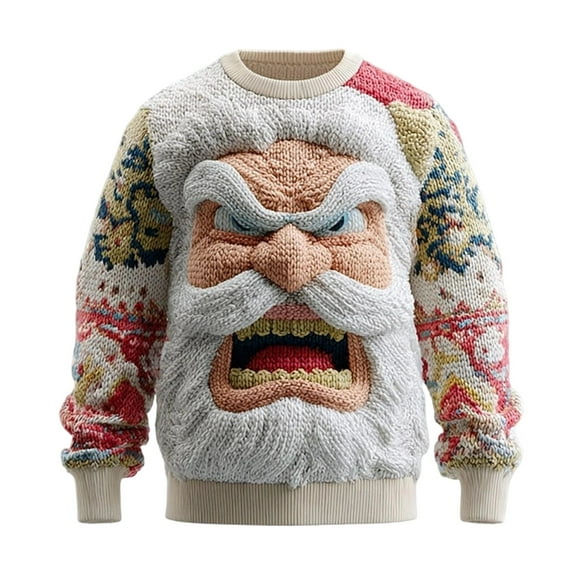 Telankuip Winter Christmas 3D Textured Print Sweatshirts for Men 2025 Funny Santa Claus Graphic Crewneck Pullover Tops Xmas Holiday Stylish Clothes White2 XL