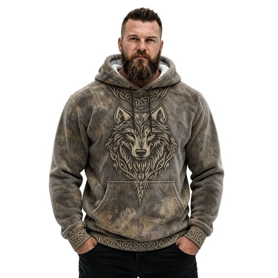 Telankuip Wolf Graphic Hoodies for Men Winter Flannel Warm Cozy Long Sleeve Drawstring Hooded Sweatshirts Retro Wild Animals Printed Soft Casual Pullover Tops with Pocket C-Brown XXXL