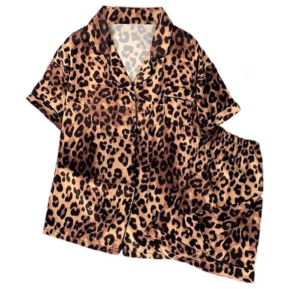 Telankuip Women's 2 Piece Leopard Print Pajama Sets Short Sleeved Button up Lapel Shirts with Elastic Waisted Shorts Lightweight Soft Comfy Stylish Loungewear Brown M