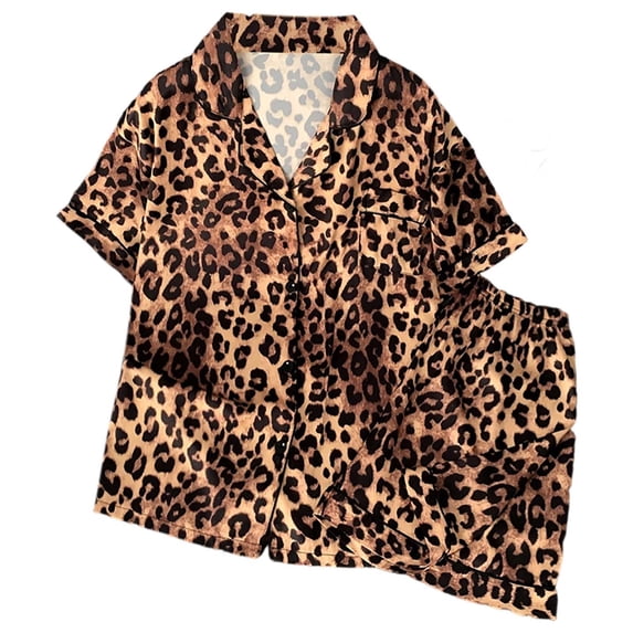 Telankuip Women's 2 Piece Leopard Print Pajama Sets Short Sleeved Button up Lapel Shirts with Elastic Waisted Shorts Lightweight Soft Comfy Stylish Loungewear Brown XL