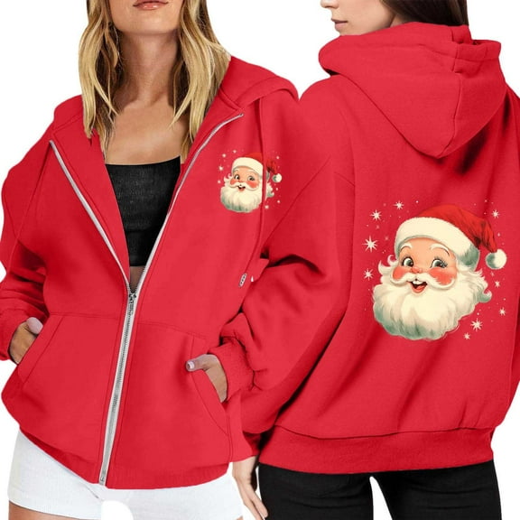 Telankuip Women's 2025 Christmas Oversized Zip-Up Hoodies Fall Winter Warm Comfy Long Sleeve Sweatshirts Cute Santa Claus Printed X-Mas Holiday Full Zipper Hooded Jacket Red XXXL