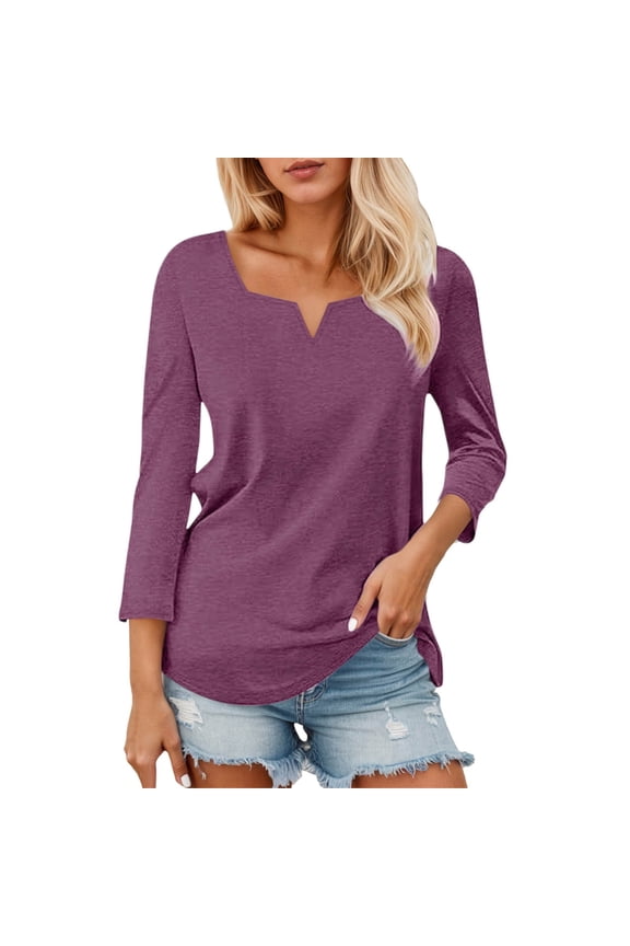 Women's 3/4 Sleeve Tee Shirts V-Neck Solid Color Lightweight Fall Thin Tops Dressy Casual Ladies Loose Fit Soft Comfortable Pullover Tops Dark Purple M
