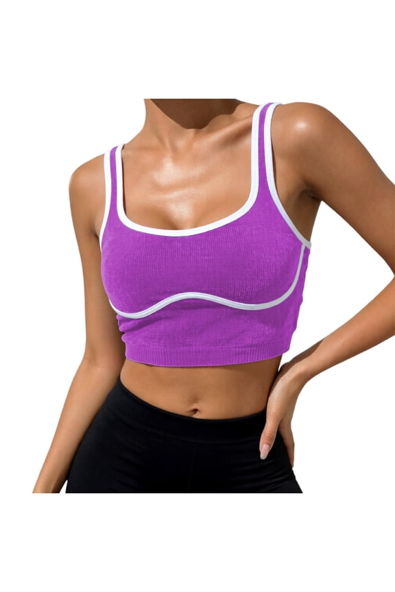 Women's Athletic Tops Scoop Neck Sleeveless Contrast Binding Workout Yoga Crop Tank Top Breathable Wireless Stretchy Basic Activewear for Running Fitness Training Purple XS