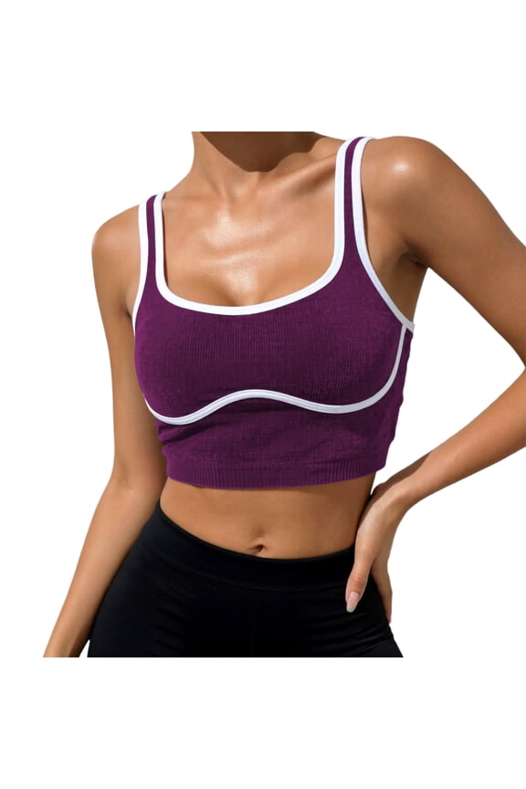 Women's Athletic Tops Scoop Neck Sleeveless Contrast Binding Workout Yoga Crop Tank Top Breathable Wireless Stretchy Basic Activewear for Running Fitness Training Dark Purple XS