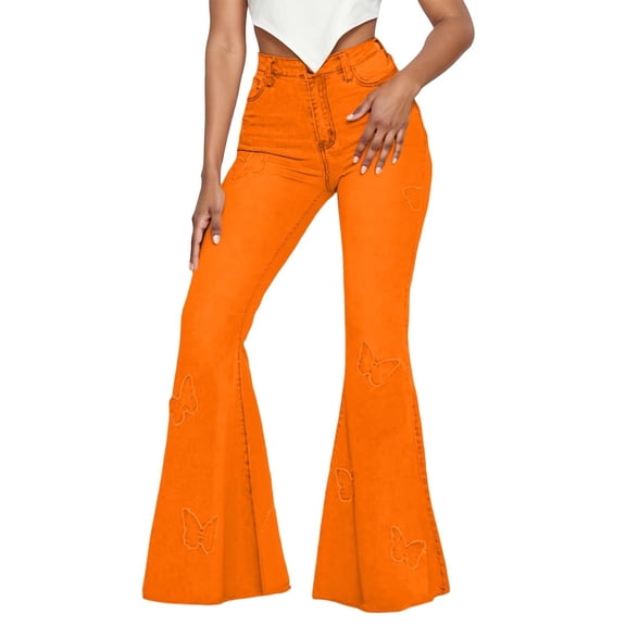 Telankuip Women's Bell Bottom Casual Pants High Waist Classic Destoryed Ripped Flared Trousers Stretchy Slim Fitted Comfortable Raw Hem Pants for Spring Summer Daily Wear Orange M
