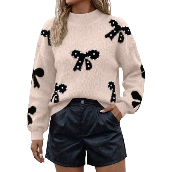 Telankuip Women's Bow Sweaters Vintage Cute Cozy Knitted Holiday Long Sleeve Crew Neck Pullover Sweater 2026 Fashion Loose Soft Comfortable Casual Winter Tops Beige S