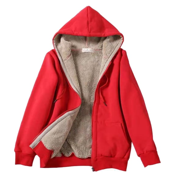 Telankuip Women's Casual Zip up Sherpa Lined Hoodies Fall Winter Oversized Comfortable Warm Full Zipper Sweatshirts Jacket Soft Solid Color Drawstring Hooded Coat Red XL