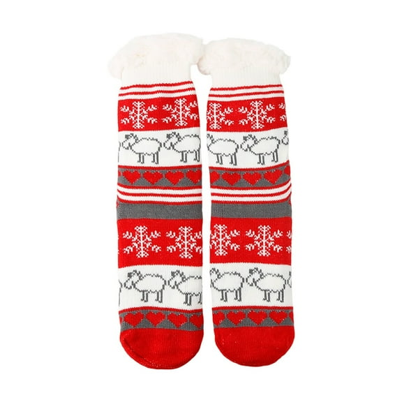 Telankuip Women's Christmas Holiday Mid-Calf Socks Fluffy Trim Sherpa Lined Warm Sleep Medium Tube Socks Colorful Vintage Crazy Winter Soft Warm Comfort Socks Red2 One Size