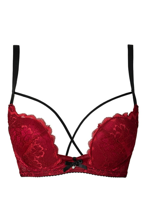 Women's Classic Half Cup Adjustable Bras Fashion Spaghetti Strap Wavy Hem Design Lace Bralettes Thin Small Breasts Push up Sagging Beautiful Back Bra Red 34/M