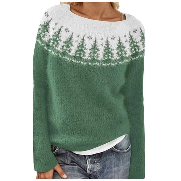 Telankuip Women's Fair Isle Knit Pullover Sweaters Oversized Soft Comfort Casual Loose Crewneck Vintage X-Mas Trees Long Sleeve Jumper Tops 2025 Fall Winter Fashion Green XL
