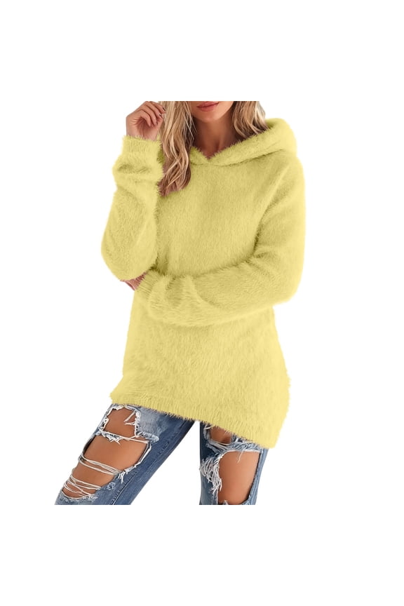 Women's Fashionable Long Sleeve Hoodies Pullovers Loose Fit Fluffy Fuzzy Winter Warm Going out Hooded Tops 2025 Casual Solid Color Simple Comfor Sweatshirts Yellow L