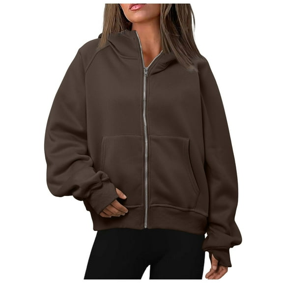 Telankuip Women's Full Zipper Loose Hoodies Long Sleeve Comfortable Fall Winter Warm Hooded Sweatshirts Casual Zip up Solid Color Cardigan Jackes Coffee M