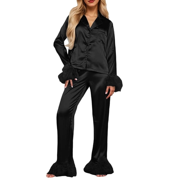 Telankuip Women's Fuzzy Fuzzy Trim Satin Pajama Sets Button down Long Sleeve Shirt with Baggy Wide Leg Pants Fashion Solid Color Loose Loungewear Sleepwear Outfits Black M