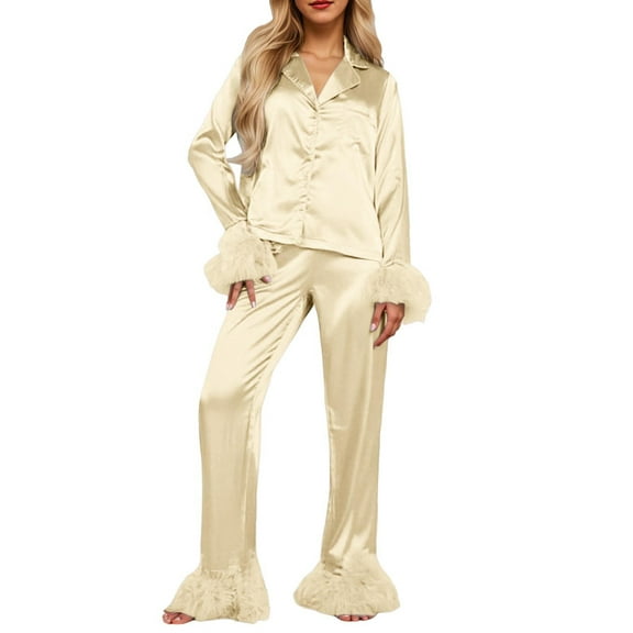 Telankuip Women's Fuzzy Fuzzy Trim Satin Pajama Sets Button down Long Sleeve Shirt with Baggy Wide Leg Pants Fashion Solid Color Loose Loungewear Sleepwear Outfits Yellow M