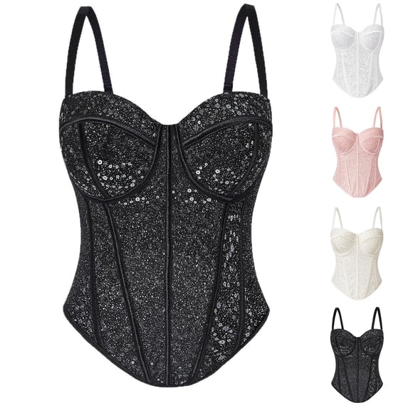 Telankuip Women's Glitter Sequin Corset Tops High Support Tummy Control Cropped Bustier Halloween Fashion Adjustable Removable Straps Seamless Lined Comfy Cami for Club Party Wear 1-Black 36