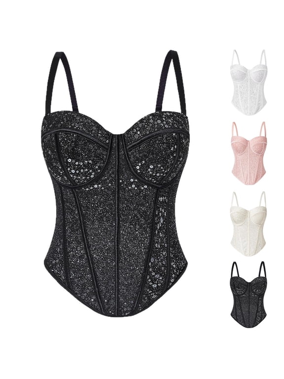 Women's Glitter Sequin Corset Tops High Support Tummy Control Cropped Bustier Halloween Fashion Adjustable Removable Straps Seamless Lined Comfy Cami for Club Party Wear 1-Black 40