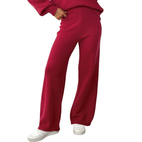 Telankuip Women's Merino Wool Knitted Pants Fall Winter High Waist Loose Wide Leg Stretch Casual Trousers Straight Soft Warm Comfortable Fall Winter Stylish Long Pants Red XL