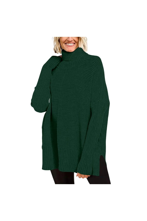 Women's Oversized Turtleneck Sweaters Knit Batwing Sleeve Ribbed Tunic Sweater Trendy Solid Color Long Sleeve Relaxed Fit Pullovers Warm Comfy Casual Top Green S