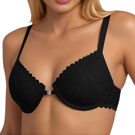 Telankuip Women's Push up Front Closure Bras for Women Racerback Front Hook Lightweight Bras Lace Thin Padded Underwire Supportive Plunge Floral Printed Bralettes Black 70C