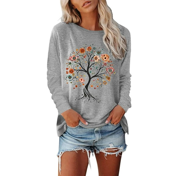 Telankuip Women's Round Neck Long Sleeve T Shirts Vintage Country Music Floral Tree Printed Loose Fall T-Shirts Hiking Travel Casual Soft Comfortable Thin Pullover Tops Light Gray XL