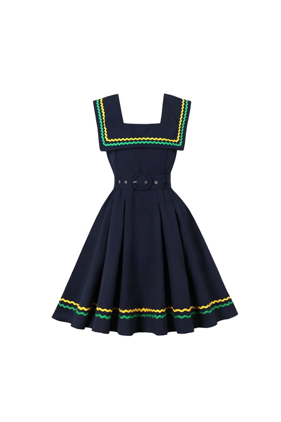 Women's Sailor Collar Sleeveless Midi Dresses 1950s Retro High Waisted A-Line Swing Flowy Prom Dress for Party 2026 Spring Summer Slim Fit Elegant Evening Dress Navy XXL