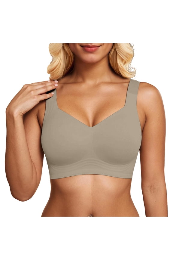 Women's Seamless Wireless Sports Bras Push up Deep V No Underwire Supportive Bralettes Plus Size Fixed Point Full Coverage Lift Comfort Solid Color Everyday Workout Bra Coffee L