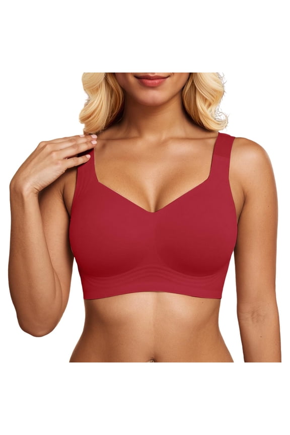 Women's Seamless Wireless Sports Bras Push up Deep V No Underwire Supportive Bralettes Plus Size Fixed Point Full Coverage Lift Comfort Solid Color Everyday Workout Bra Red S