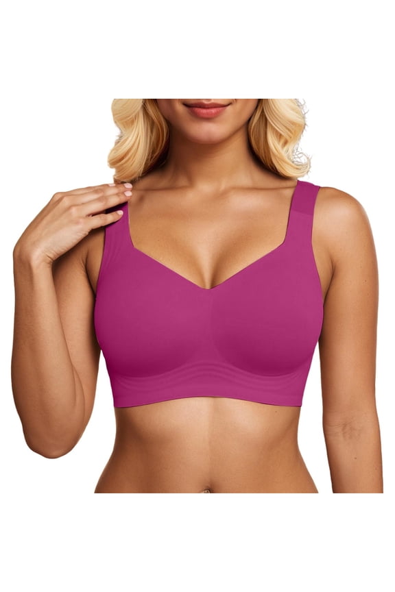 Women's Seamless Wireless Sports Bras Push up Deep V No Underwire Supportive Bralettes Plus Size Fixed Point Full Coverage Lift Comfort Solid Color Everyday Workout Bra Hot Pink S