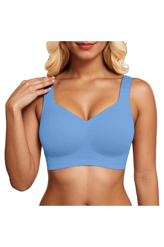 Women's Seamless Wireless Sports Bras Push up Deep V No Underwire Supportive Bralettes Plus Size Fixed Point Full Coverage Lift Comfort Solid Color Everyday Workout Bra Blue M