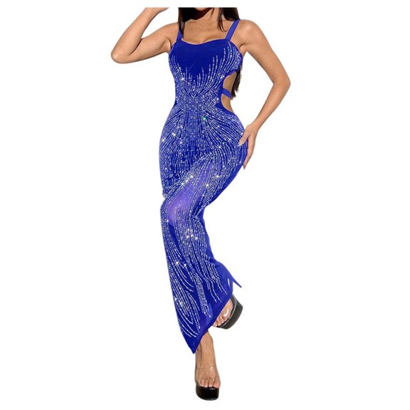 Telankuip Women's Sleeveless Spaghetti Strap Bodycon Cocktail Party Dress Square Neck Cut out Waist Rhinestones Maxi Dressy Trendy Mesh Splicing Solid Color Formal Long Dresses Blue M