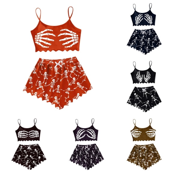 Telankuip Women's Sleeveless Vest Shorts Pajama Sets Halloween Skeleton Hand Graphic Print Crop Cami Pjs Set Soft Comfortable Loungewear Ladies Stylish Lightweight Casual Sleepwear 2- L