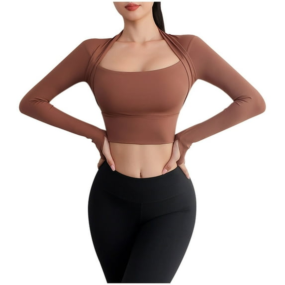 Telankuip Women's Sportswear Two Yoga Tops Women with Breast Pad Long Sleeve Slim Fit Workout Tops Casual Solid Color Soft Cozy Flesh Shielding Sports Fitness Wear Coffee L