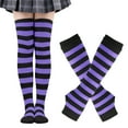 thumbnail image 1 of Telankuip Women's Striped Printed Knee High Socks over Knee Thigh High Tube Socks Arm Warmer and Fingerless Gloves Set Thick Soft Cold Weather for Indoor Outdoor Activities Purple One Size, 1 of 3