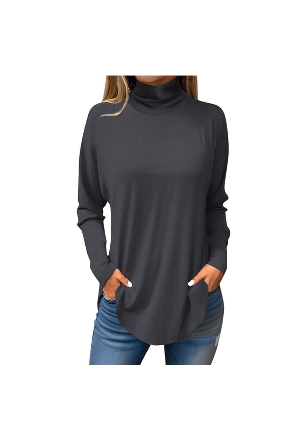 Women's Turtleneck Long Sleeve T-Shirts Soft Solid Color Loose Fit Comfortable Long Tee Shirts Plus Size Drop Shoulder Asymmetrical Hem Base Layer Pullovers Grey S