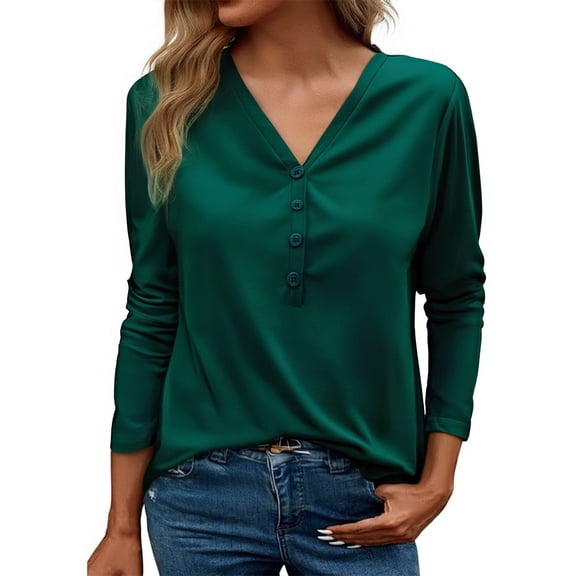 Telankuip Women's V-Neck Long Sleeve T-Shirts Casual Work Button up Pure Color Basic Top for Fall Soft Comfortable Loose Fit Winter Base Layer Tees Tops Dark Green M