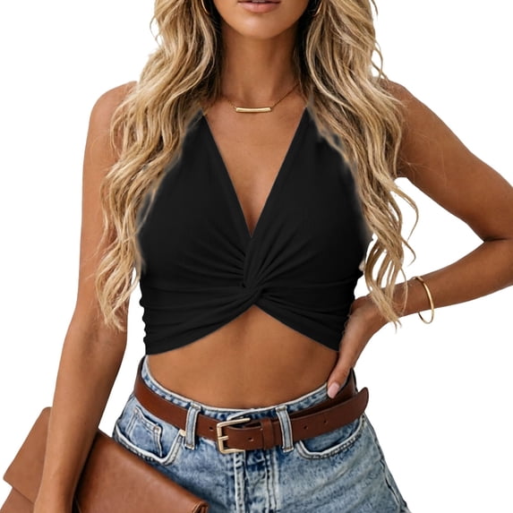 Telankuip Women's V-Neck Twist Front Sleeveless Ribbed Knit Tank Tops Summer Stretchy Soft Comfortable Casual Cropped Vest Simple and Stylish Solid Color Basic Workout Tees Black XL