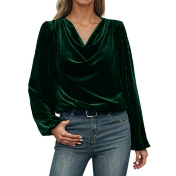 Telankuip Women's Velvet Loose Fit T Shirts Casual Long Sleeve Solid Color Tee Shirts 2025 Fashion Cowl Neck Drape Ruched Front Soft Comfortable Pullover Tops Fall Winter Outfits Dark Green XXL