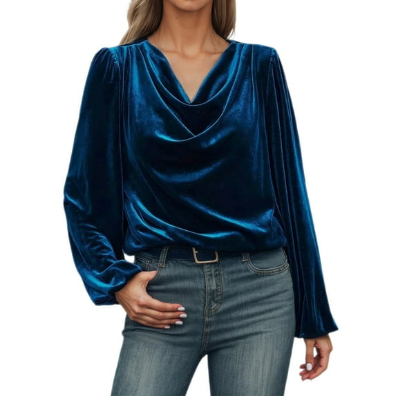 Telankuip Women's Velvet Loose Fit T Shirts Casual Long Sleeve Solid Color Tee Shirts 2025 Fashion Cowl Neck Drape Ruched Front Soft Comfortable Pullover Tops Fall Winter Outfits Blue L