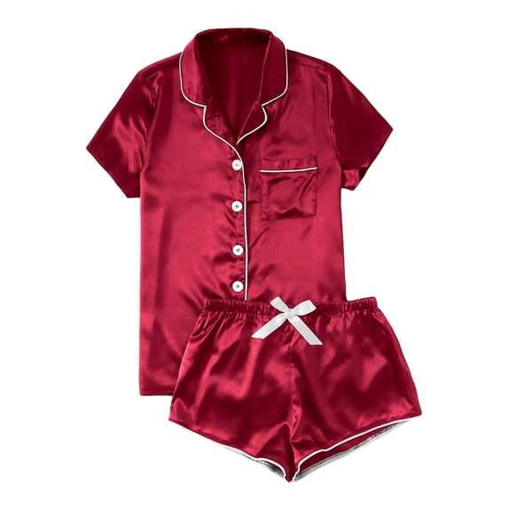 Telankuip Womens 2 Piece Solid Color Satin Pajama Sets Lightweight Breathable Ladies Sleepwear Button up Short Sleeve Tops with Loose Shorts Trendy Stripes Printed Loungewear Red XXS