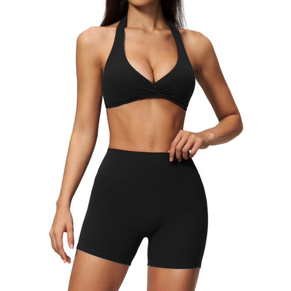 Telankuip Womens 2 Piece Workout Gym Outfits Tummy Control High Waist Stretch Seamless Tight Shorts Matching Sleeveless Deep V-Neck Halter Yoga Bra with Padded Casual Sports Sets 3-Black XL