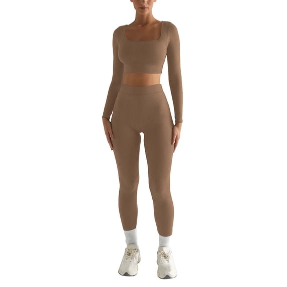 Telankuip Womens 2 Piece Workout Sets Solid Color Long Sleeve Square Neck Crop Tops and Compression Tummy Control Leggings Fashion Casual Yoga Sports Gym Outfits Khaki XL