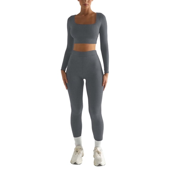 Telankuip Womens 2 Piece Workout Sets Solid Color Long Sleeve Square Neck Crop Tops and Compression Tummy Control Leggings Fashion Casual Yoga Sports Gym Outfits Grey XXL