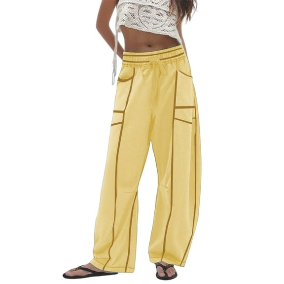 Telankuip Womens Baggy Wide Leg Pants Casual Fall Winter Fashion Line Design Trousers Elastic Drawstring Waist Soft Comfort Barrel Sweatpants with Pockets Yellow M