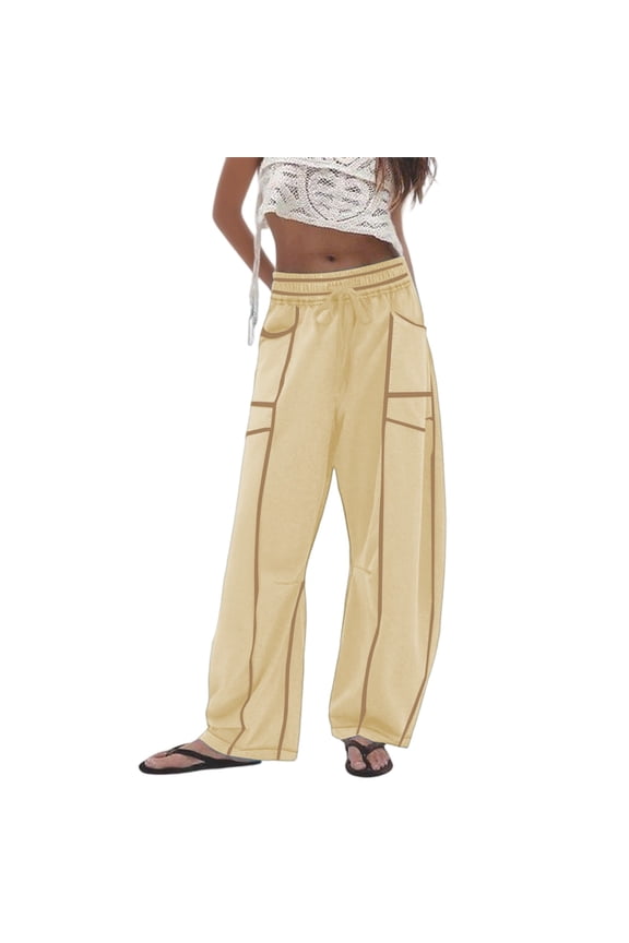 Womens Baggy Wide Leg Pants Casual Fall Winter Fashion Line Design Trousers Elastic Drawstring Waist Soft Comfort Barrel Sweatpants with Pockets Khaki XS