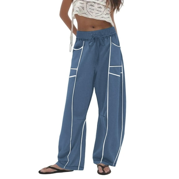 Telankuip Womens Barrel Wide Leg Pants Plus Size Drawstring Elastic High Waist Sweatpants 2025 Fall Winter Line Design Casual Loose Comfortable Trousers with Pockets Navy L