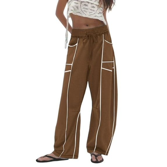 Telankuip Womens Barrel Wide Leg Pants Plus Size Drawstring Elastic High Waist Sweatpants 2025 Fall Winter Line Design Casual Loose Comfortable Trousers with Pockets Brown L