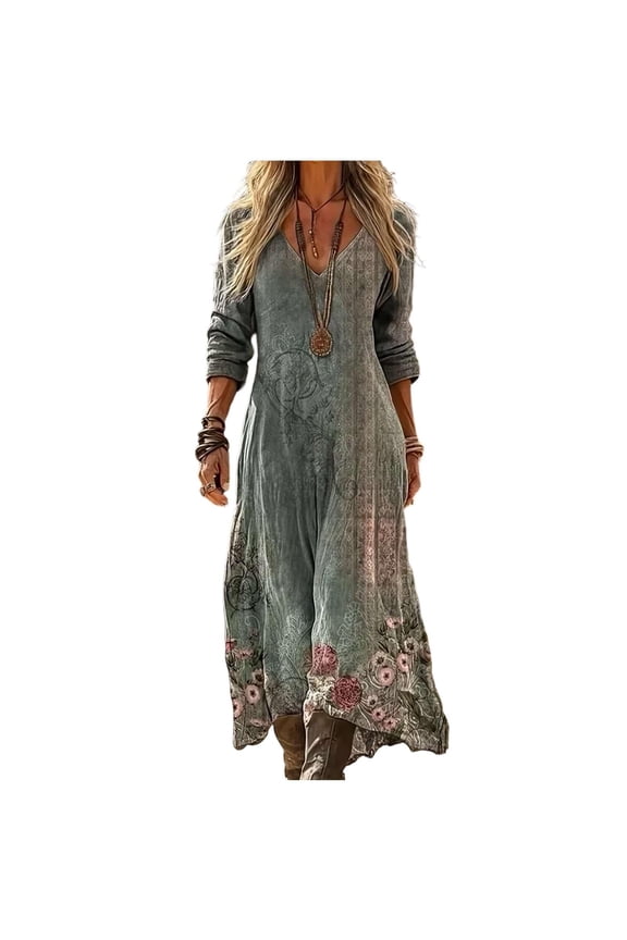 Womens Bohemian a Line Maxi Dress Floral Print Long Sleeve V-Neck Loose Fit Flowy Casual Long Dresses for Spring and Summer Plus Size Soft Comfy Retro Sundress 5-Green L