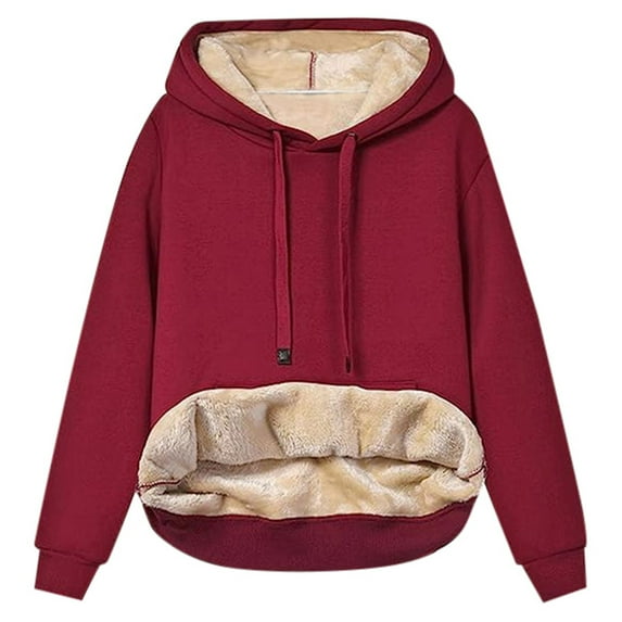Telankuip Womens Casual Winter Warm Sherpa Lined Hoodies Loose Long Sleeve Drawstring Pullover Hooded Sweatshirts Soft Comfortable Solid Color Basic Tops Red L