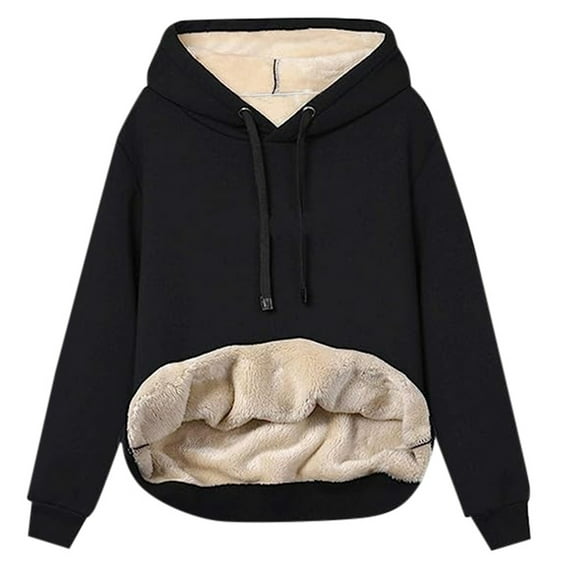 Telankuip Womens Casual Winter Warm Sherpa Lined Hoodies Loose Long Sleeve Drawstring Pullover Hooded Sweatshirts Soft Comfortable Solid Color Basic Tops Black M