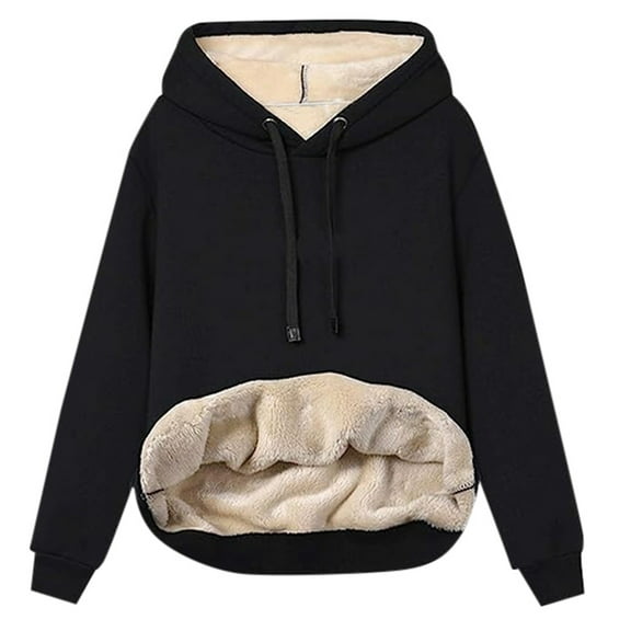Telankuip Womens Casual Winter Warm Sherpa Lined Hoodies Loose Long Sleeve Drawstring Pullover Hooded Sweatshirts Soft Comfortable Solid Color Basic Tops Black L
